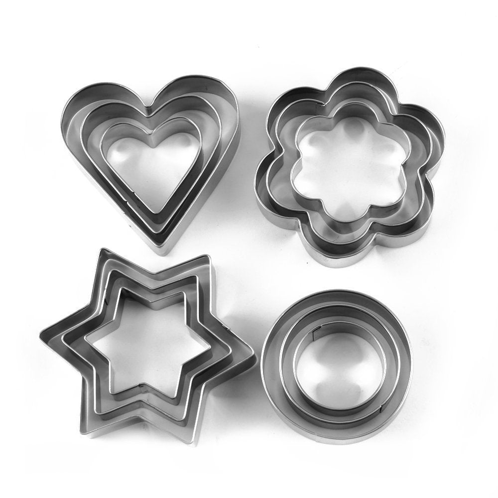 Stainless Steel 4 Different Shape, 12 pcs Set Cookie Cutter Shapes Includes - 3 Stars Shape - 3 Flowers Shape - 3 Round Shape - 3 Hearts Shape