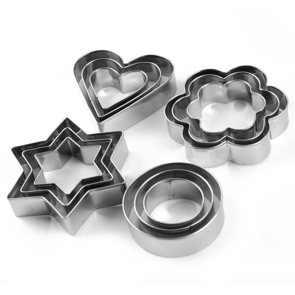 Stainless Steel 4 Different Shape, 12 pcs Set Cookie Cutter Shapes Includes - 3 Stars Shape - 3 Flowers Shape - 3 Round Shape - 3 Hearts Shape