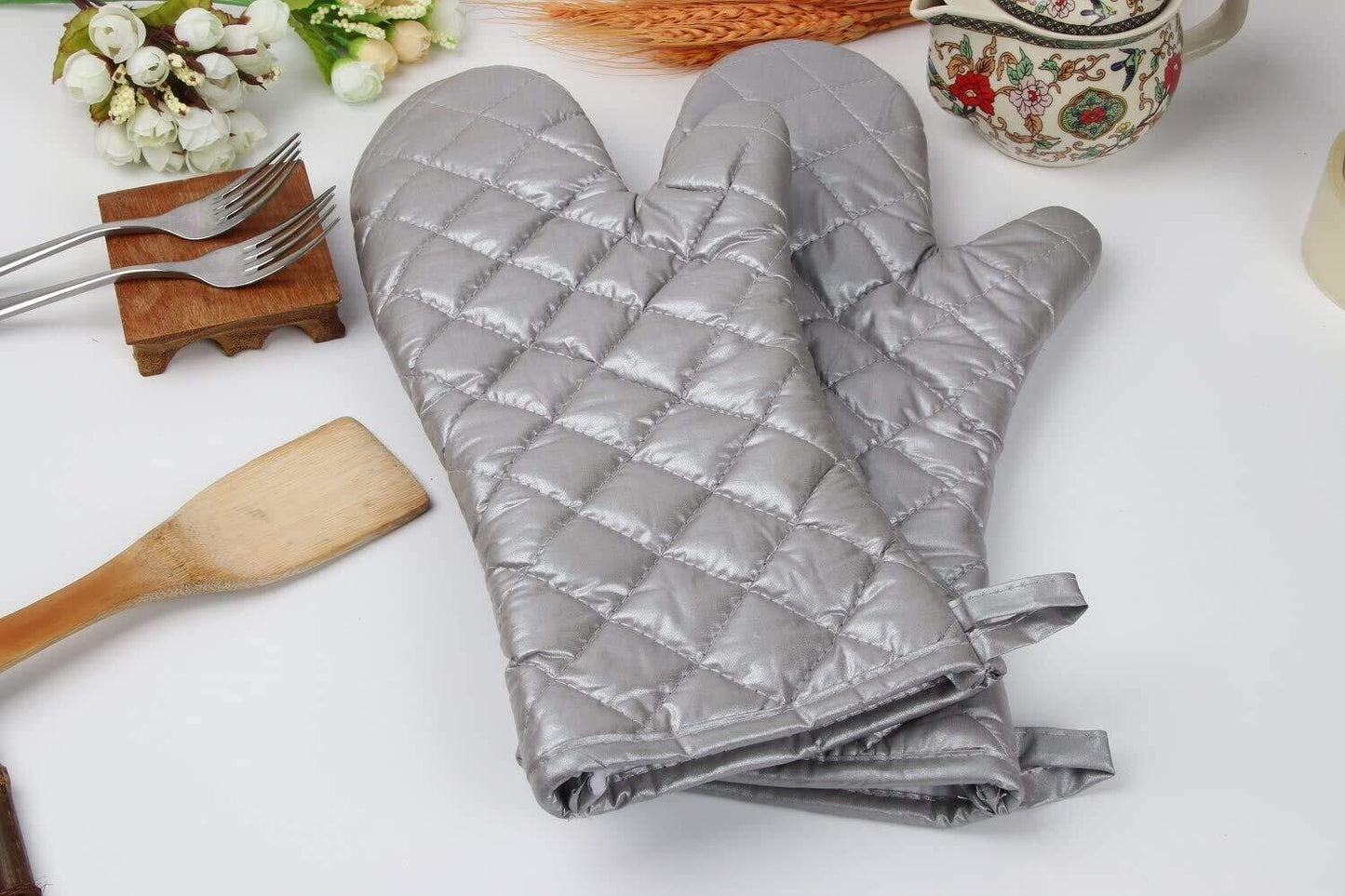 2PC Oven Gloves Heat Proof Microwave Heating Silver Coated Long heavy Oven Mitts, Baking Set of 2