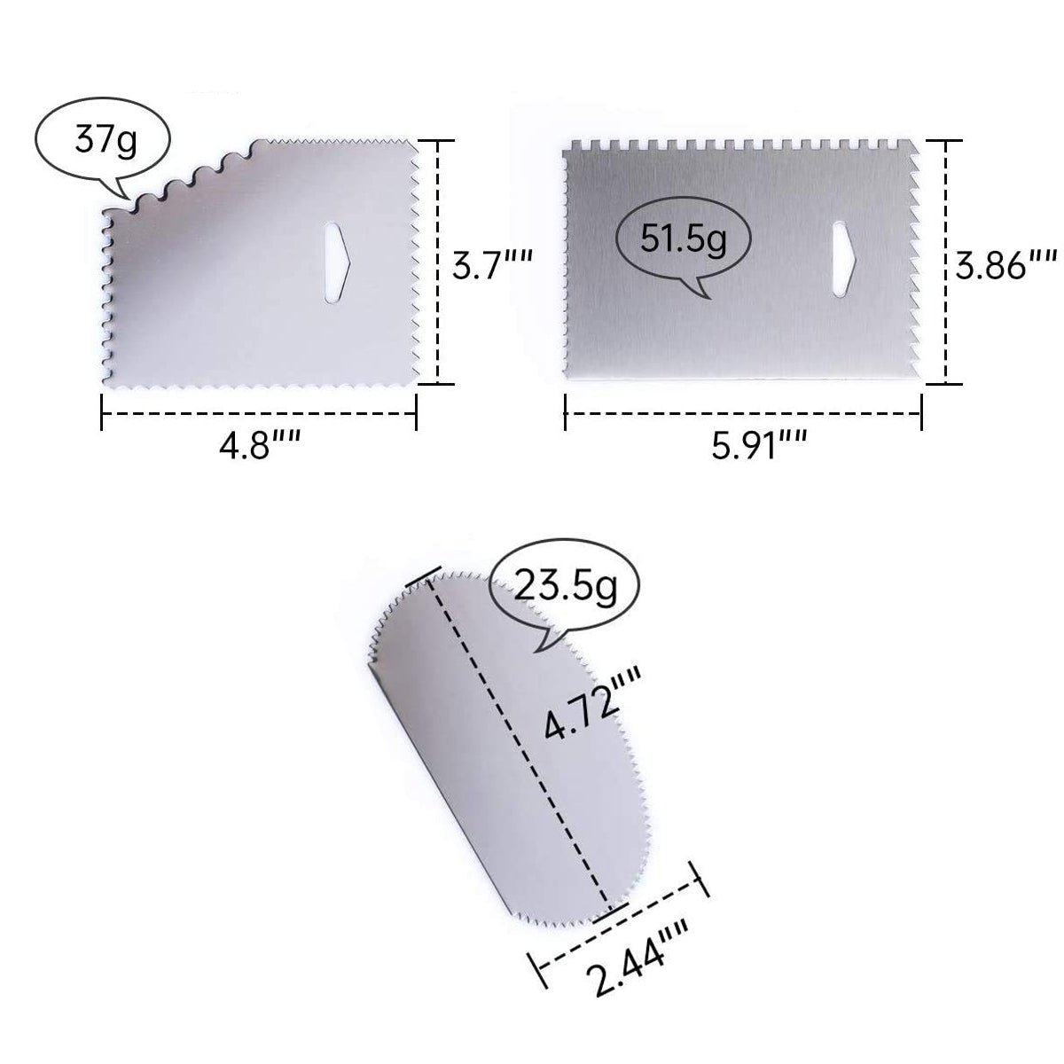 3Pc Cake Scraper Smoother Set, Stainless Steel Side Comb and Icing Smoother Set Oval, Rectangle, Paralelogram set of 3