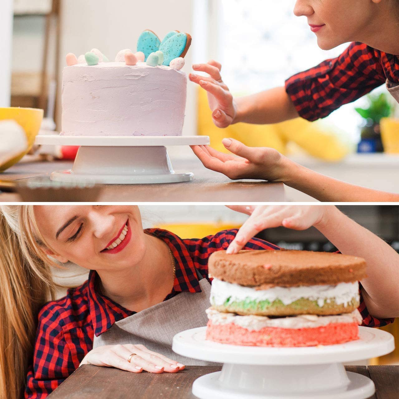 a woman cutting a cake with a knife 